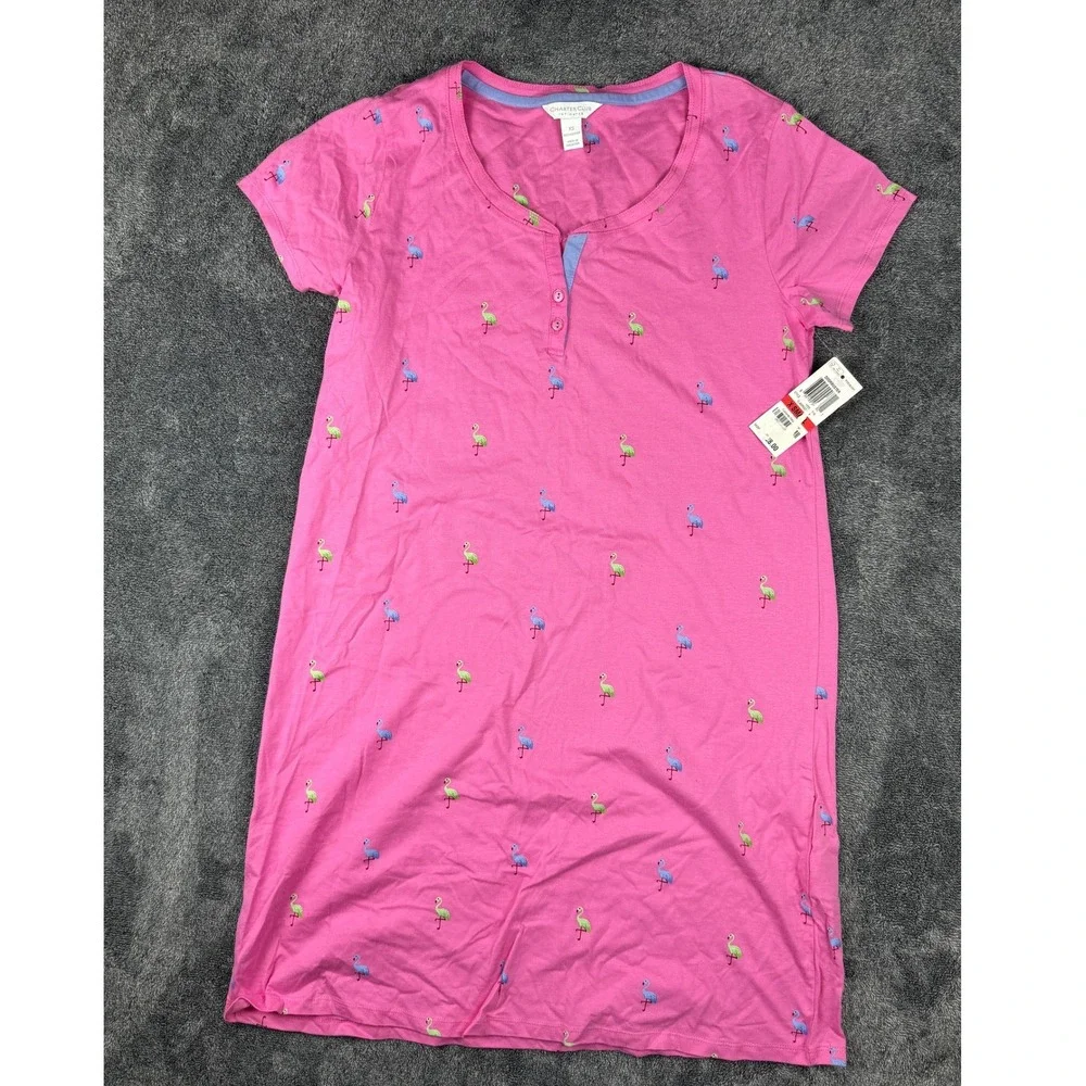 Charter Club Intimates Pink Flamingo Cotton Henley Nightgown XS New